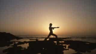 Silhouetted person in martial arts pose on rocks by ocean at sunrise or sunset.