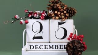 Decorative calendar with "December 25," red berries, pinecones, on a green background.