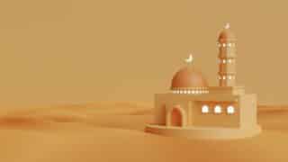 Stylized mosque with dome, minaret, crescents in desert, sandy dunes, monochrome palette.