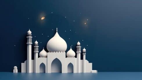 Illustration of a white palace or mosque with domes and minarets on a starry blue background.