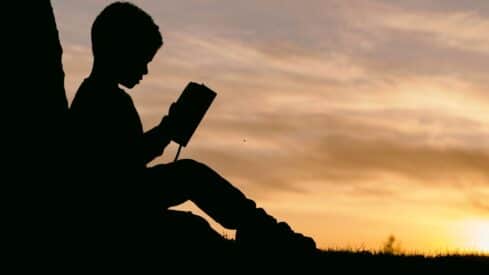 Child's silhouette reading by a tree against an orange sunset sky.